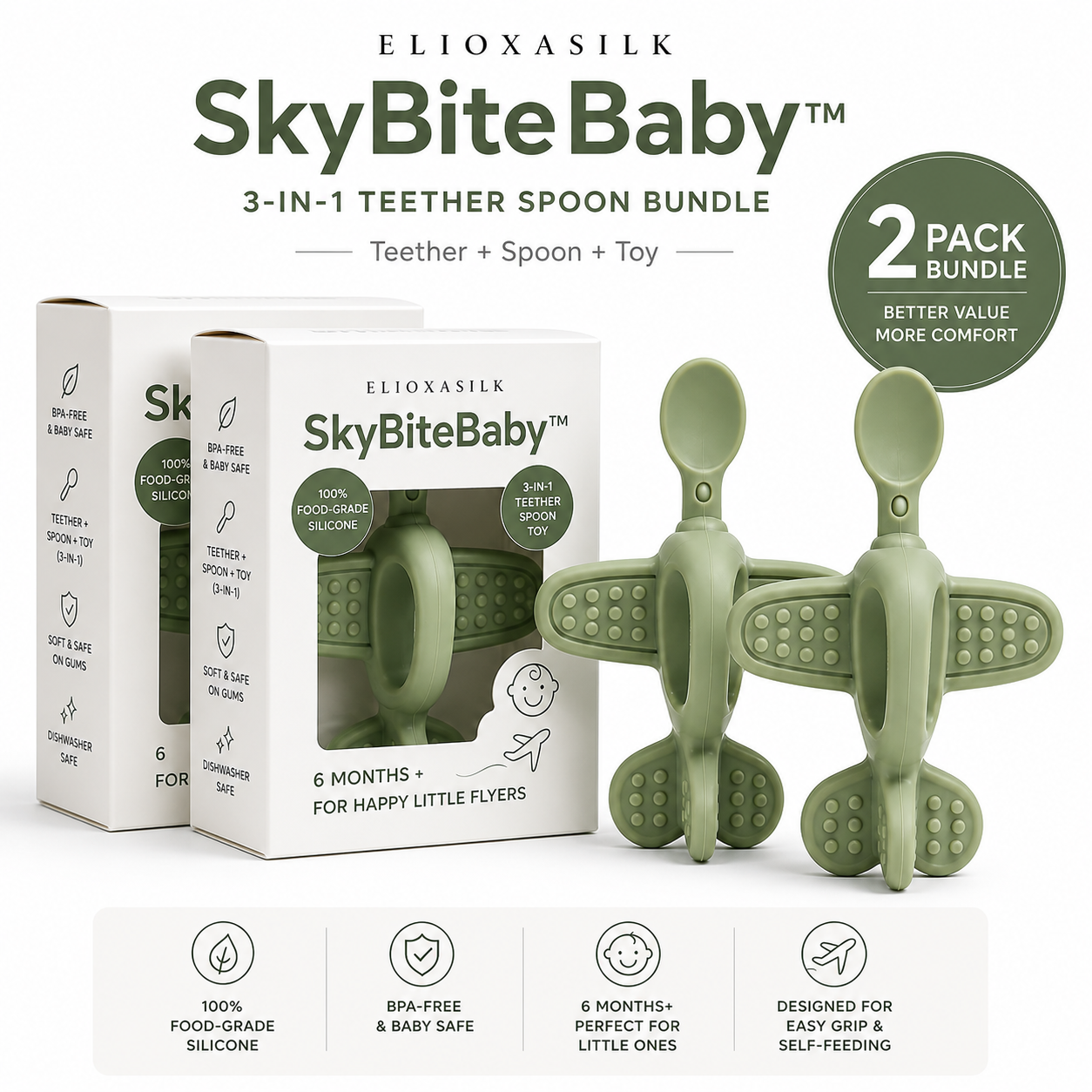 SkyBiteBaby™ 2-Pack Bundle — 3-in-1 Teether Spoon & Self Feeding Tool | Food-Grade Silicone | Ages 6M+