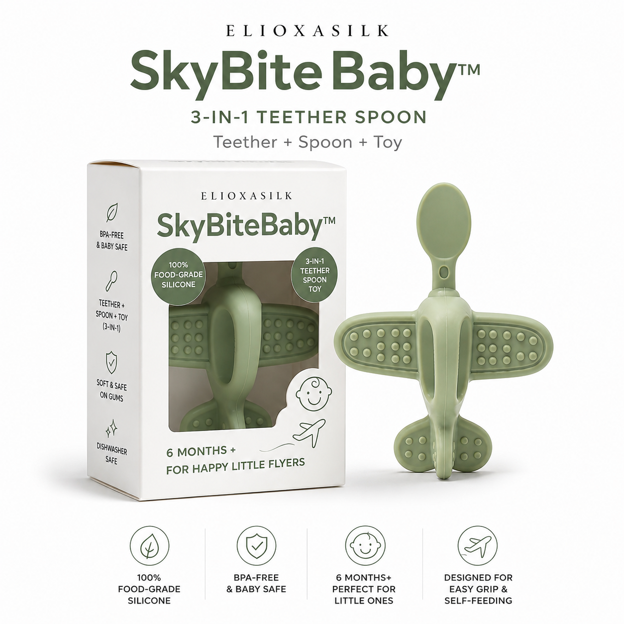 SkyBite Airplane 3-in-1 Teether Spoon & Self Feeding Tool | Food-Grade Silicone | Ages 6M+